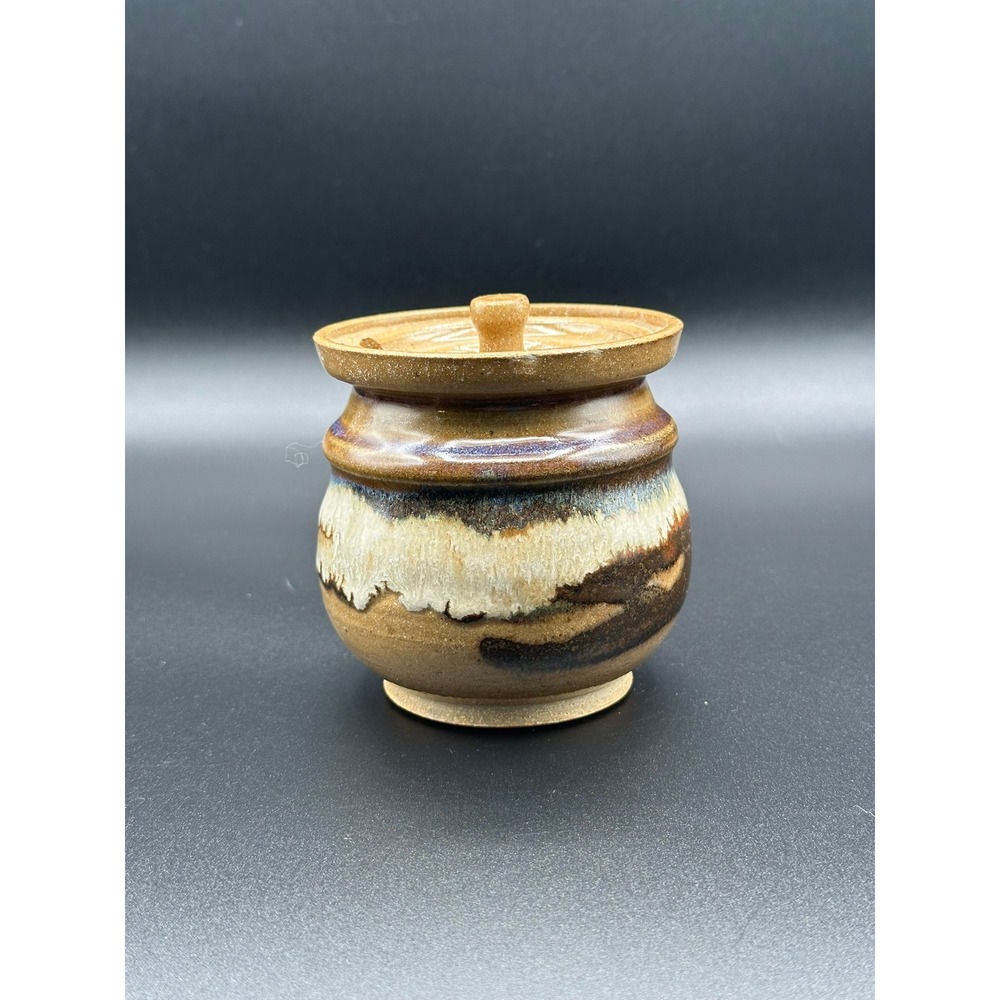 Vintage Artisan Signed Studio Pottery Honey Pot Drip Glaze Brown Cream 4.5"